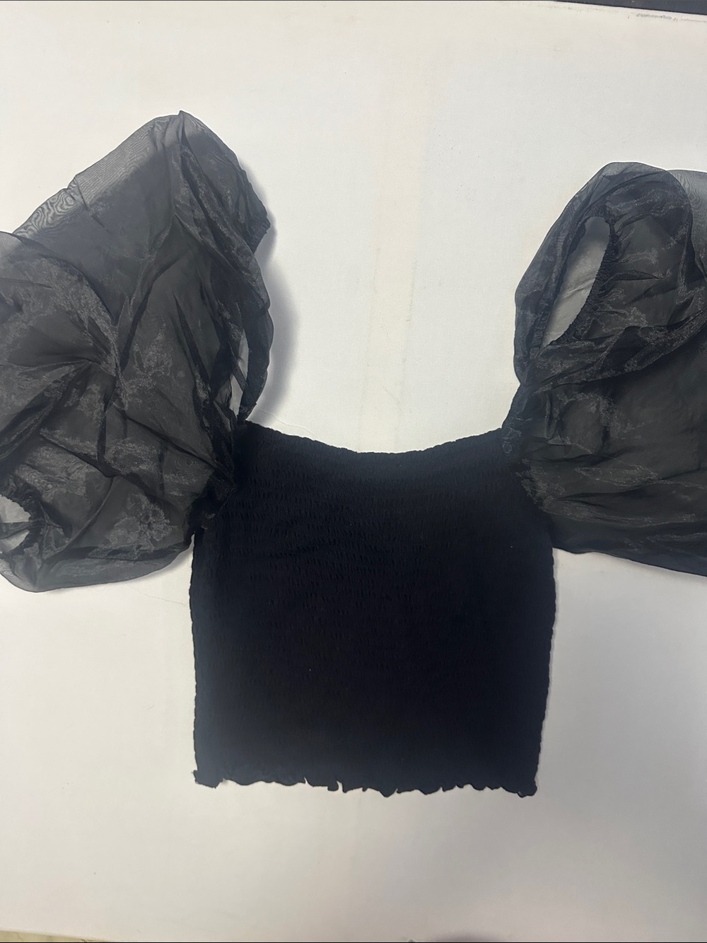 Forever 21 Black Sheer Puff-Sleeve Smocked Crop Top